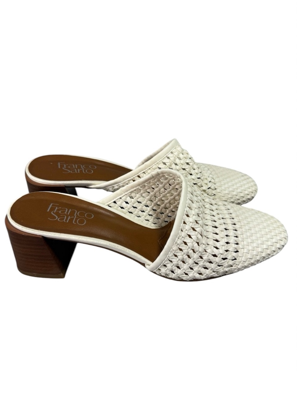 Franco Sarto White Woven Block Heel Vegan Leather Mules